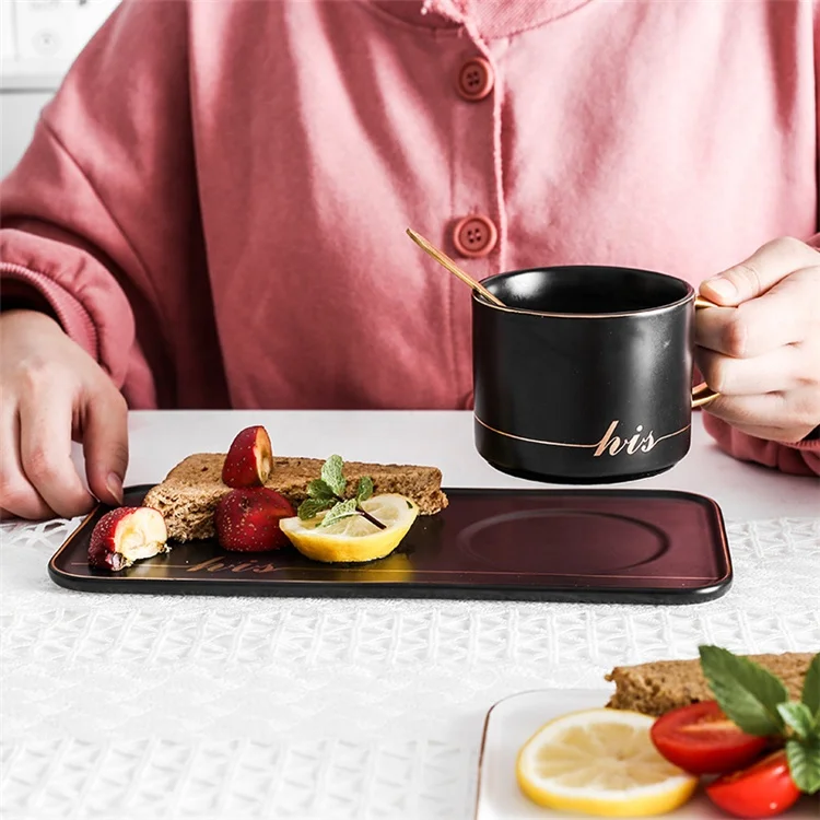 Luxury Gold Rim Rectangular Ceramic Sandwich Plate With Cup Holder