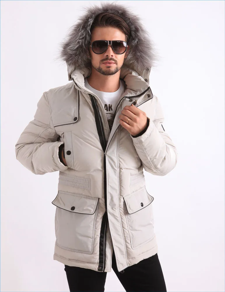 Winter Feather Down Filled Coat White Parka Fur Hooded For Men - Buy ...