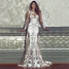 Nude lace elegant long sleeve V back women dress floral lace abiye evening party dress