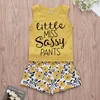 2019 summer "little miss sassy pants" kids 100%cotton yellow vest top & flower shorts 2pc set 1-5years free ship
