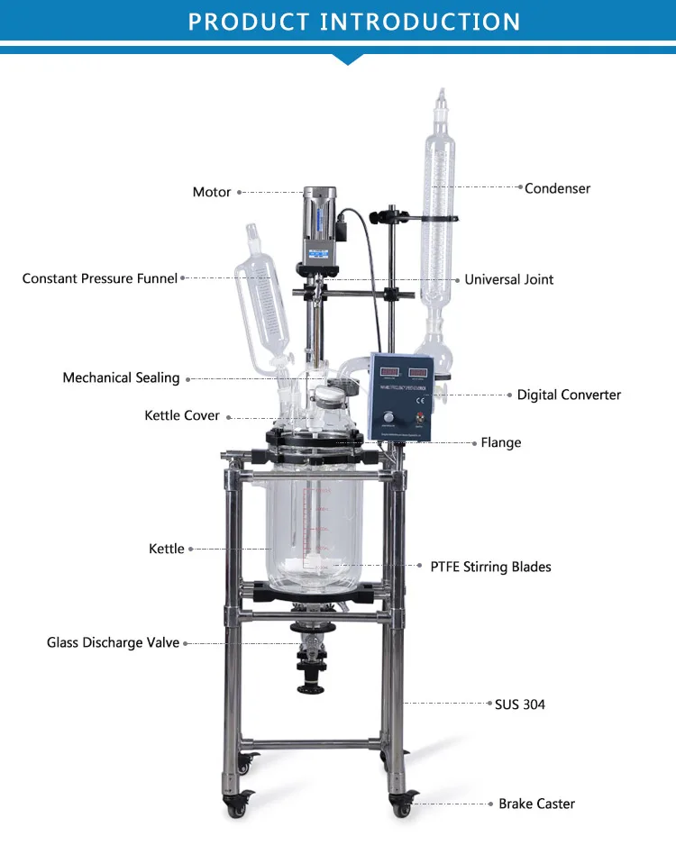 Chemical Double Wall Jacketed Mixing Glass Reactor