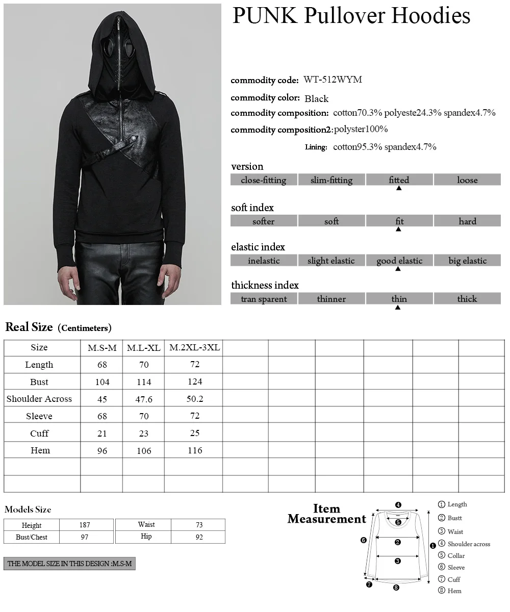 WT512 Punk Rave black leather belts pullover mask hood cotton man fleeces
