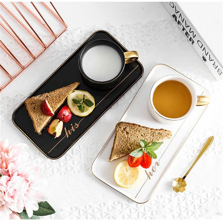 Luxury Gold Rim Rectangular Ceramic Sandwich Plate With Cup Holder
