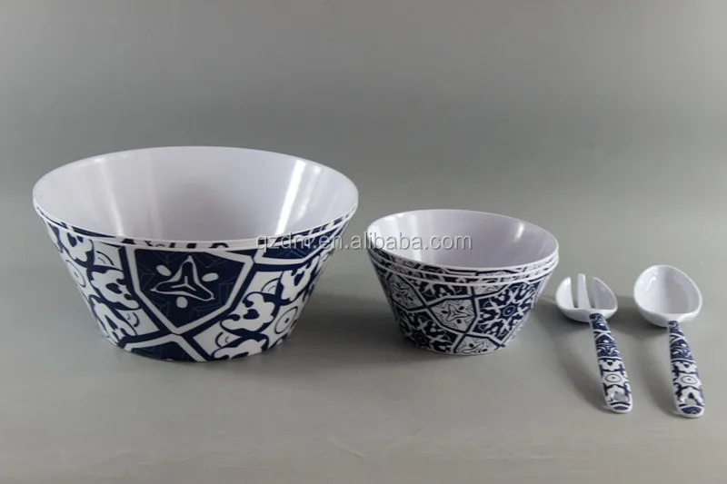 Melamine Whole Salad Set Round Bowl With Spoon And Fork 7 Piece