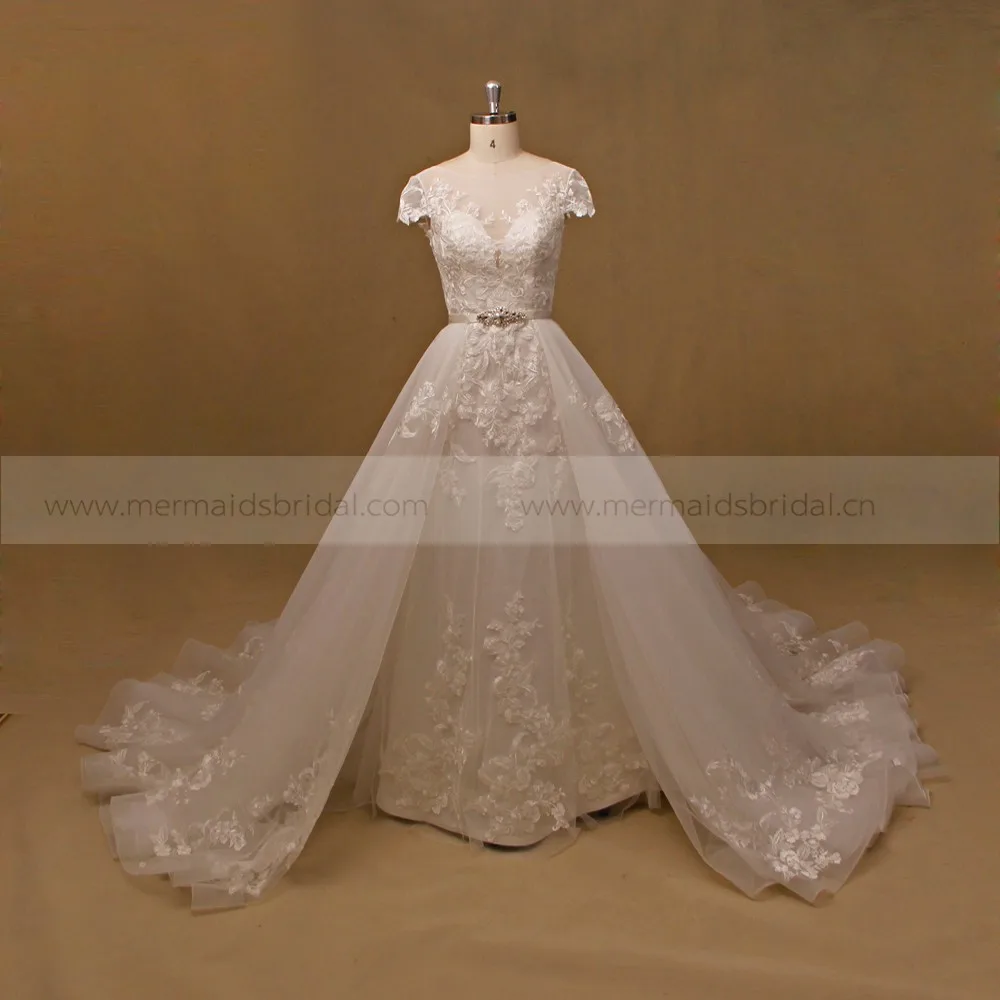 Cap Sleeves Lace Detachable Beaded Real Pictures Wedding Dress