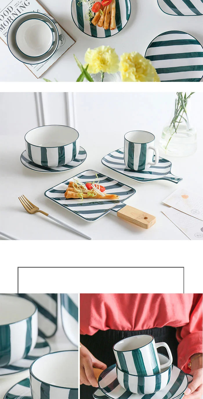 Green stripe series Nordic hand painted ceramic dinnerware Chinese and western plate set mug