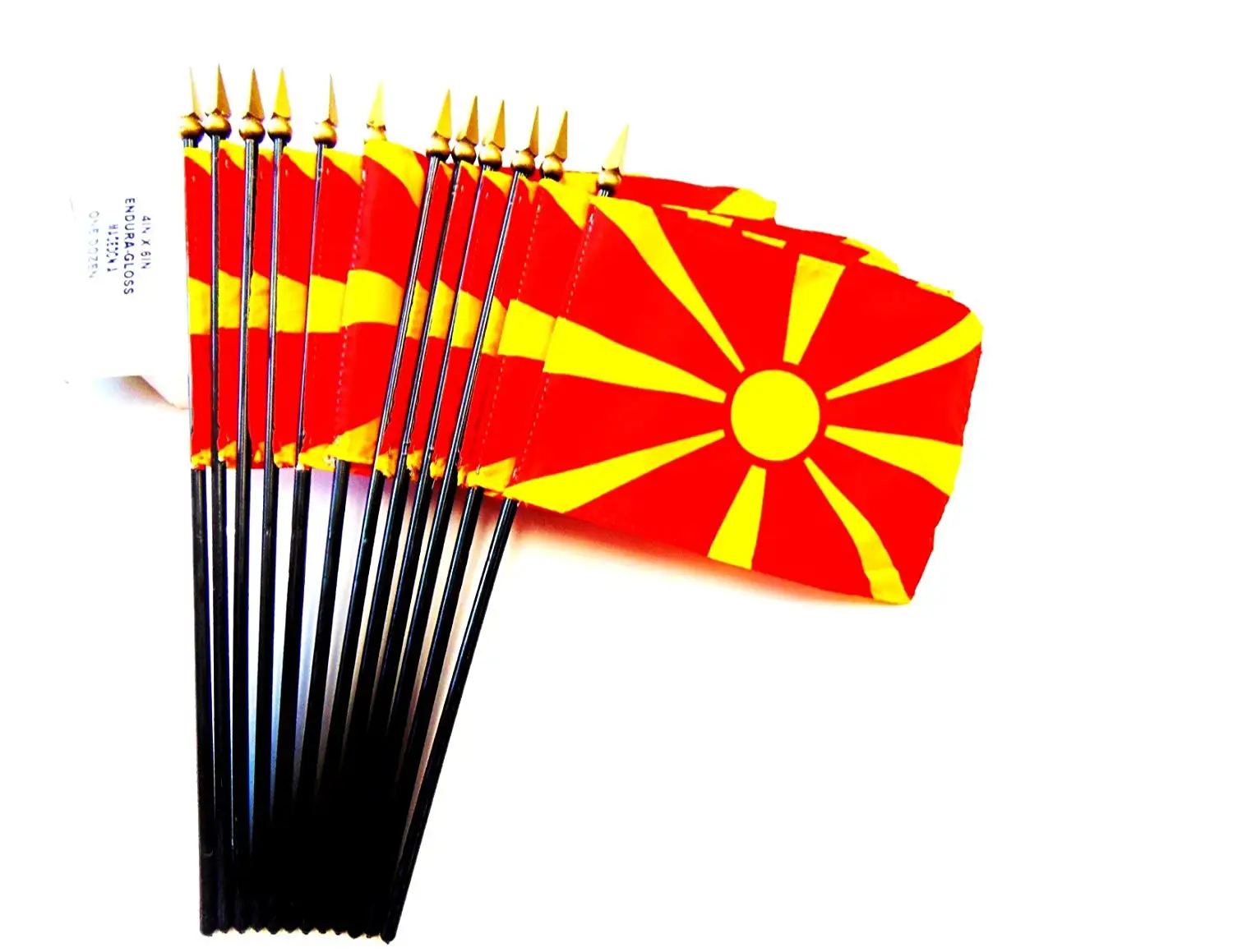 MADE IN USA!! Box of 12 Macedonia 4"x6" Miniature Desk & Table Flags; 12 American Made Small Mini Macedonian Flags in a Custom Made Cardboard Box Specifically Made for These Flags