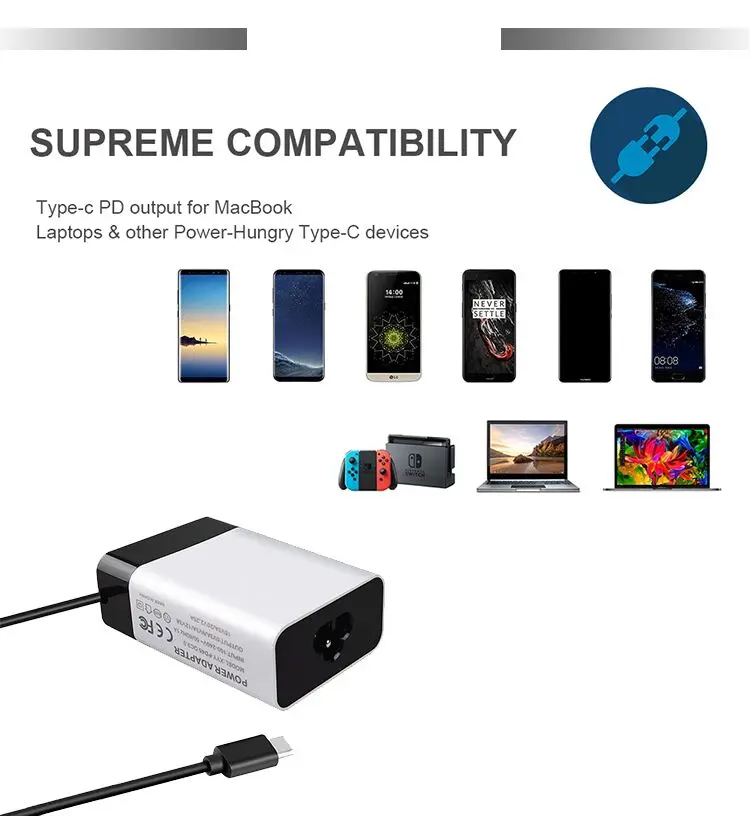 Type-C Wall Pd 3.0 45W Usb 5V 2A 60W 12V Usb-C Laptop Power 15V Ac/Dc Adapter C Type Charger