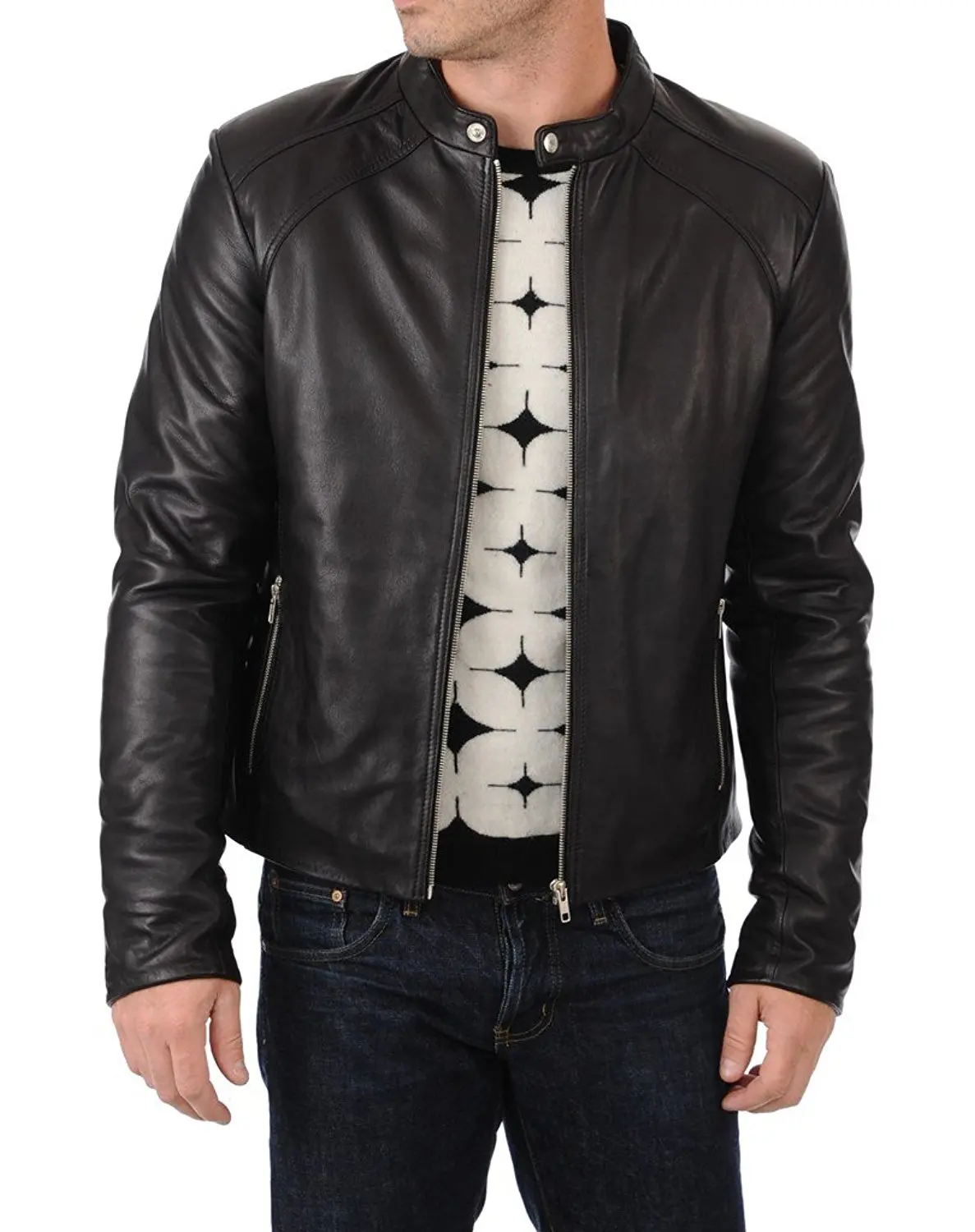 LEATHER FARM Men's Lambskin Leather Bomber Motercycle Jacket