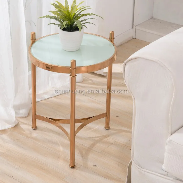 Living Room Sofa Side Small Round Coffee Table Gold Finishing Glass Top End