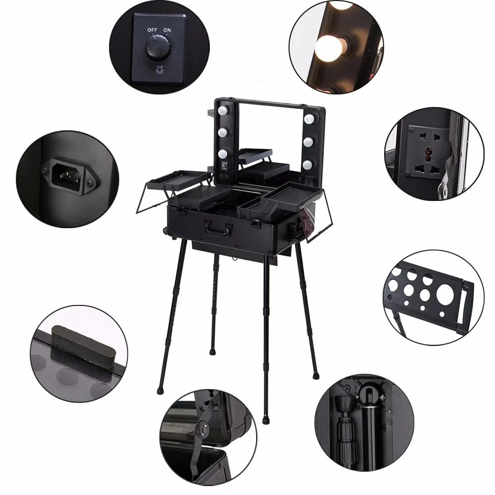 Salon Furniture Portable Professional Rolling Aluminium Trolley Case Studio Makeup Station With