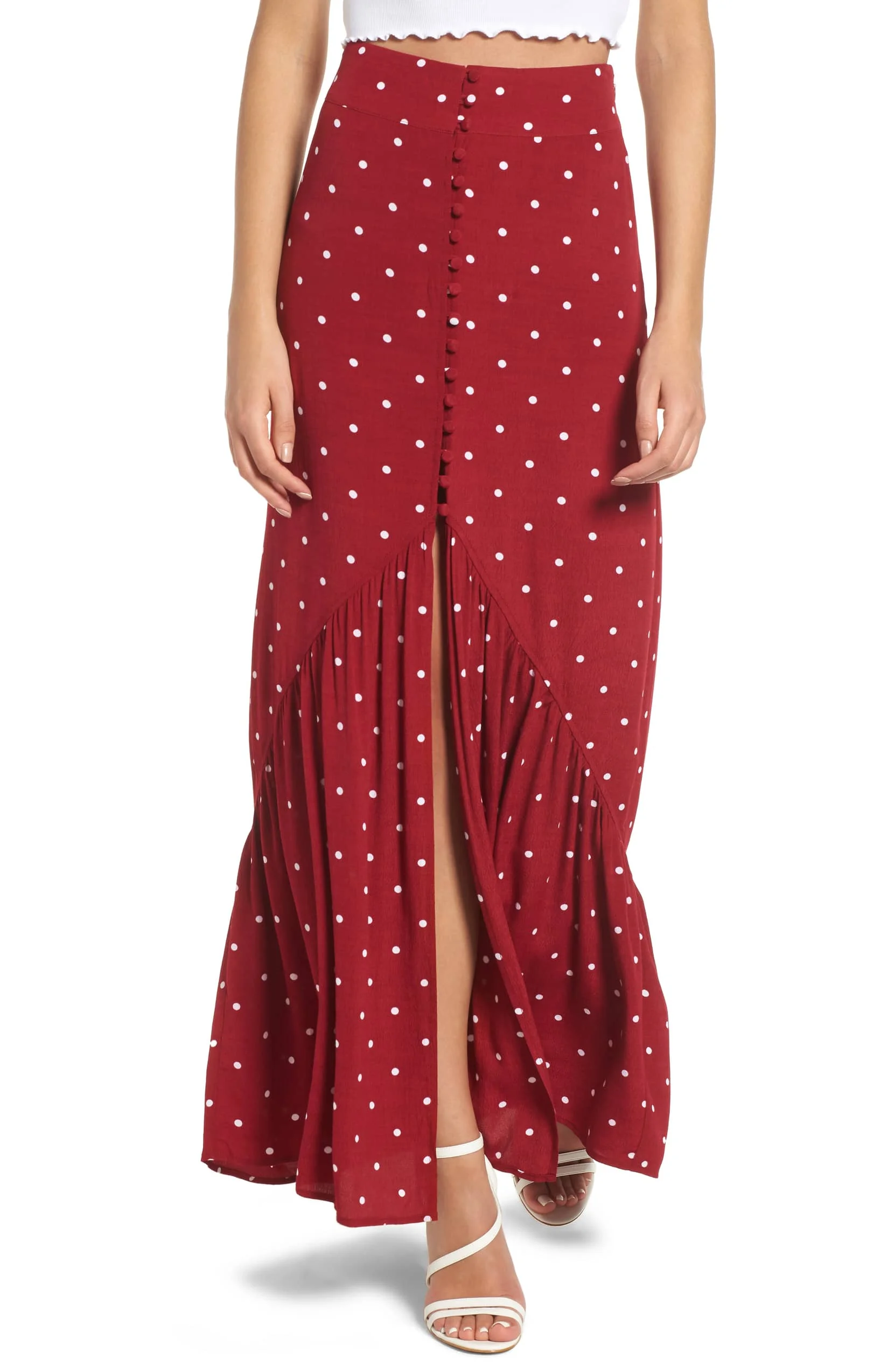 Button Front Ruffle Polka Dot Maxi Skirt Red Buy Maxi Skirt Long,Long