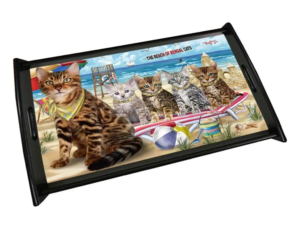 Get Quotations · Pet Friendly Beach Bengal Cats Wood Serving Tray TRP48794
