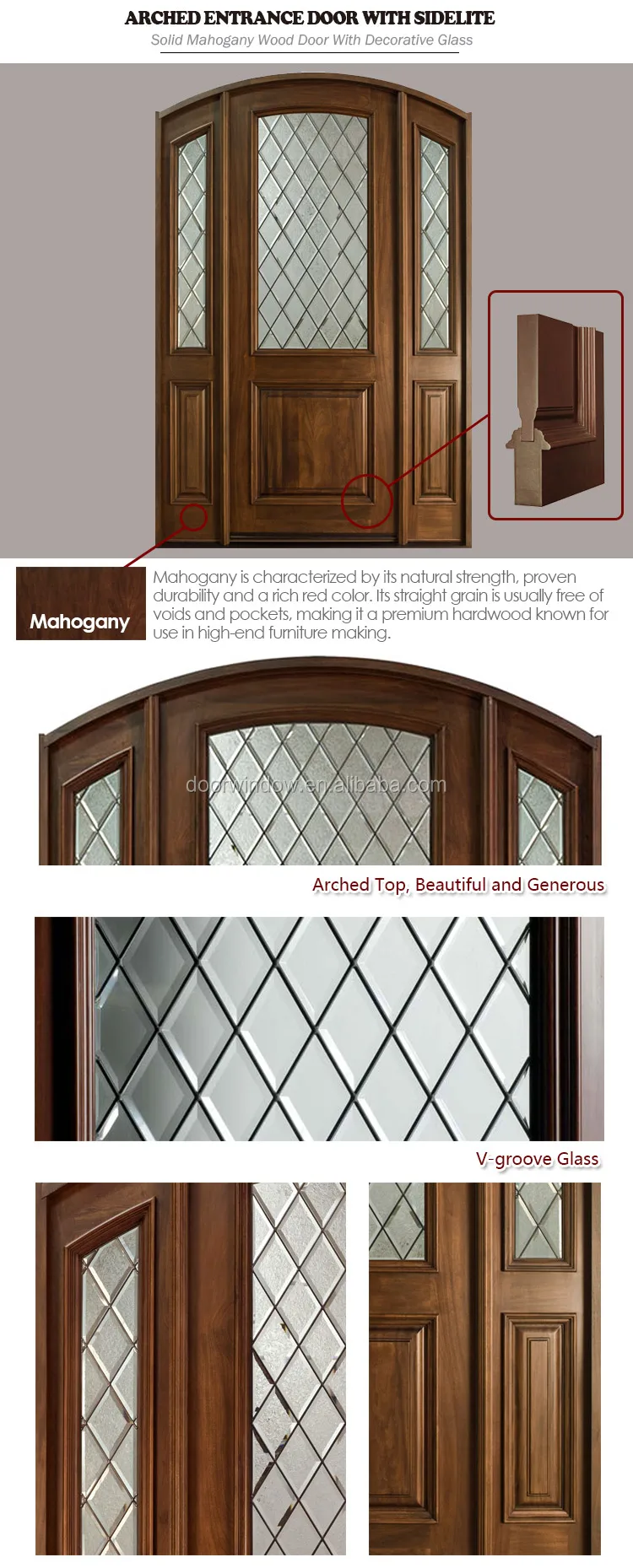 round arched top design glass insert Solid frosted Glass Interior Mahogany Wood entry Door