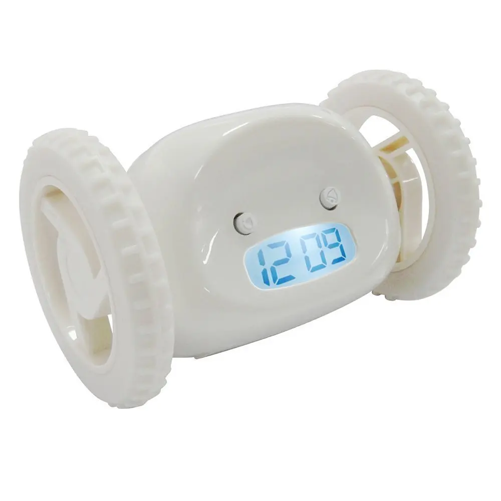 Aibrou Cute Runaway Alarm Clock Funny Hide and Seek Alarm Clock on Wheels Alarm Clock for Heavy Sleepers (White)