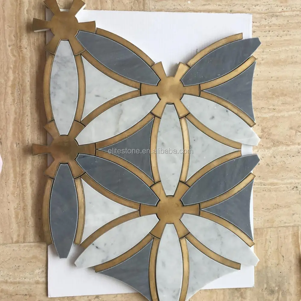 Waterjet Marble Mosaic With Brass Inlay Italy Grey Flower Pattern Tile ...