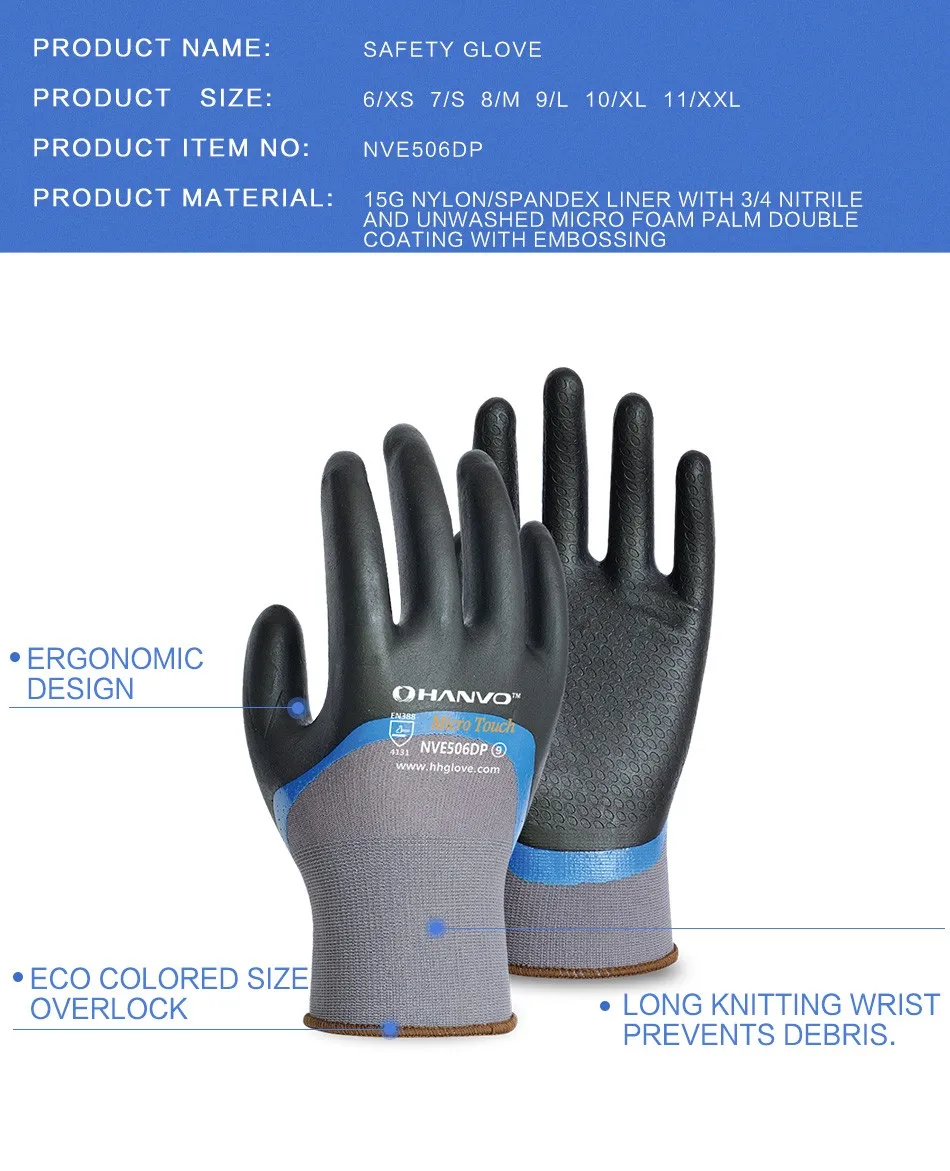 Hanvo 15g Nylon/spandex Liner With Double 3/4 Black Nitrile Micro Foam