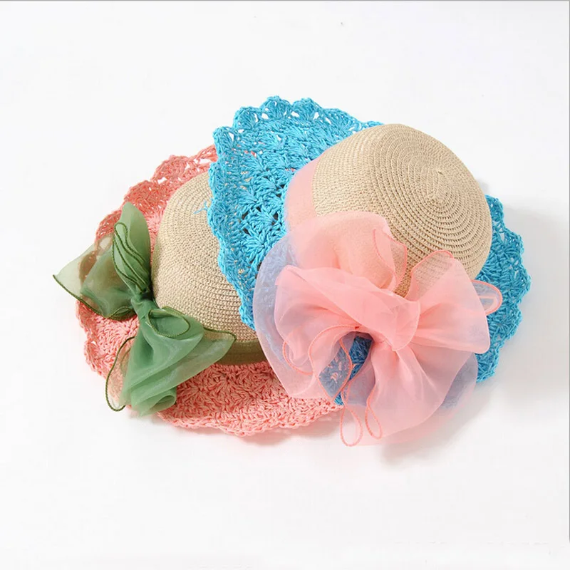 2015 Fashion Big Lace Bowknot girl summer hat beautiful kids straw hat beach hat lovely bownot