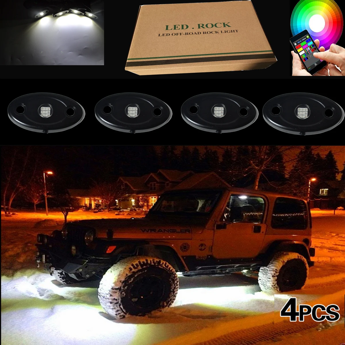 4X Pod RGB LED Rock Light Wireless Blue-tooth Music Controller Truck Lamp Offroad