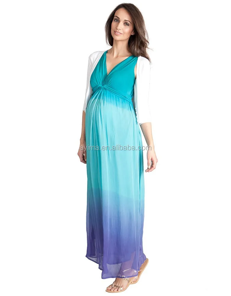 Hot Sale Aqua Ombre Dip Dye Maternity Dress,Latest Maternity Maxi Dress