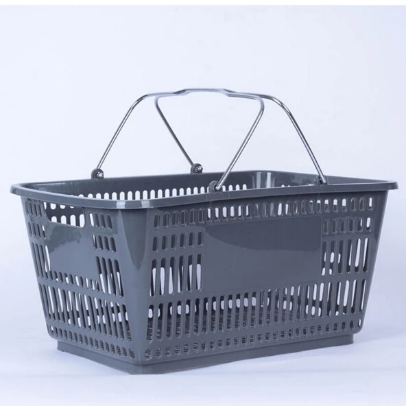 Blue Handheld 30l Plastic Shopping Basket With Double Metal Handles For