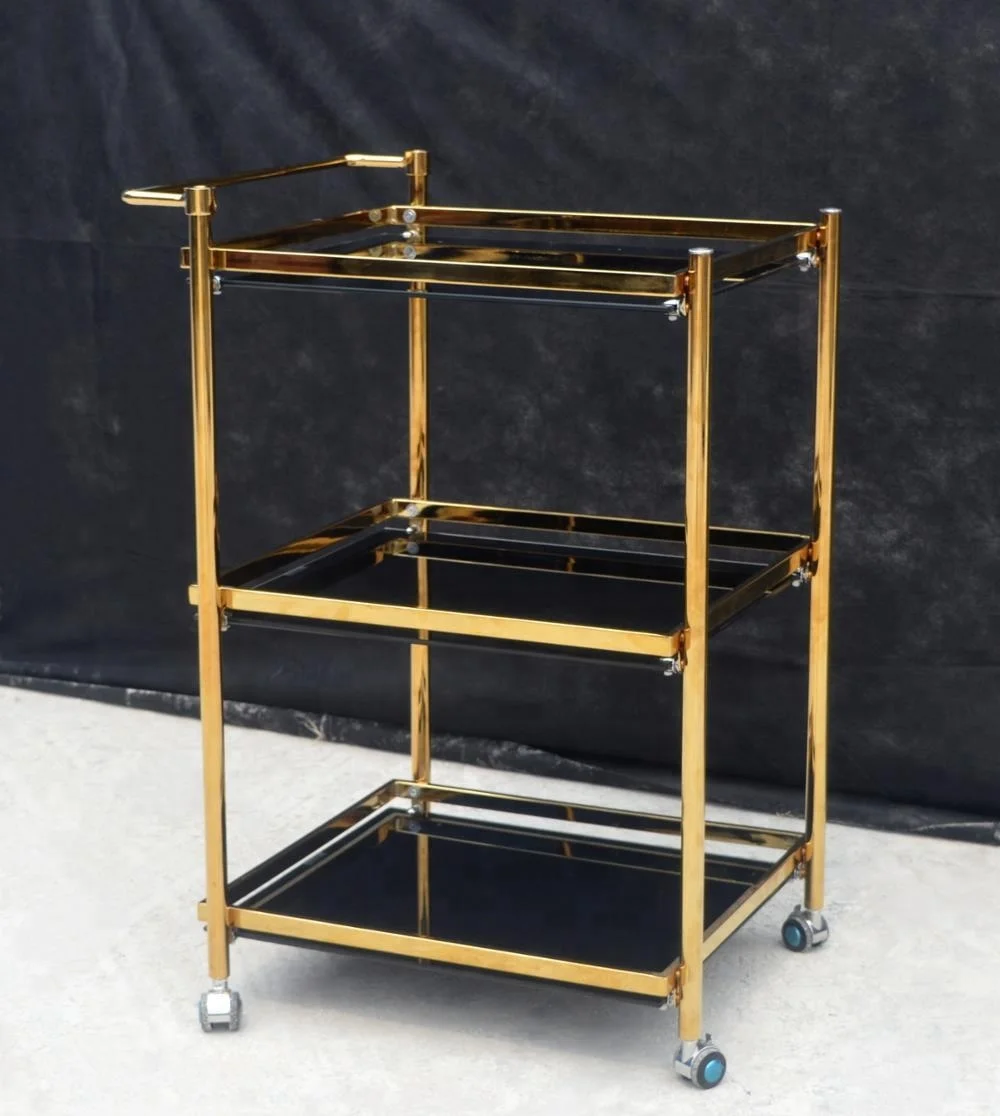 现代金色玻璃食品手推车厨房推车车轮为餐厅家庭家具