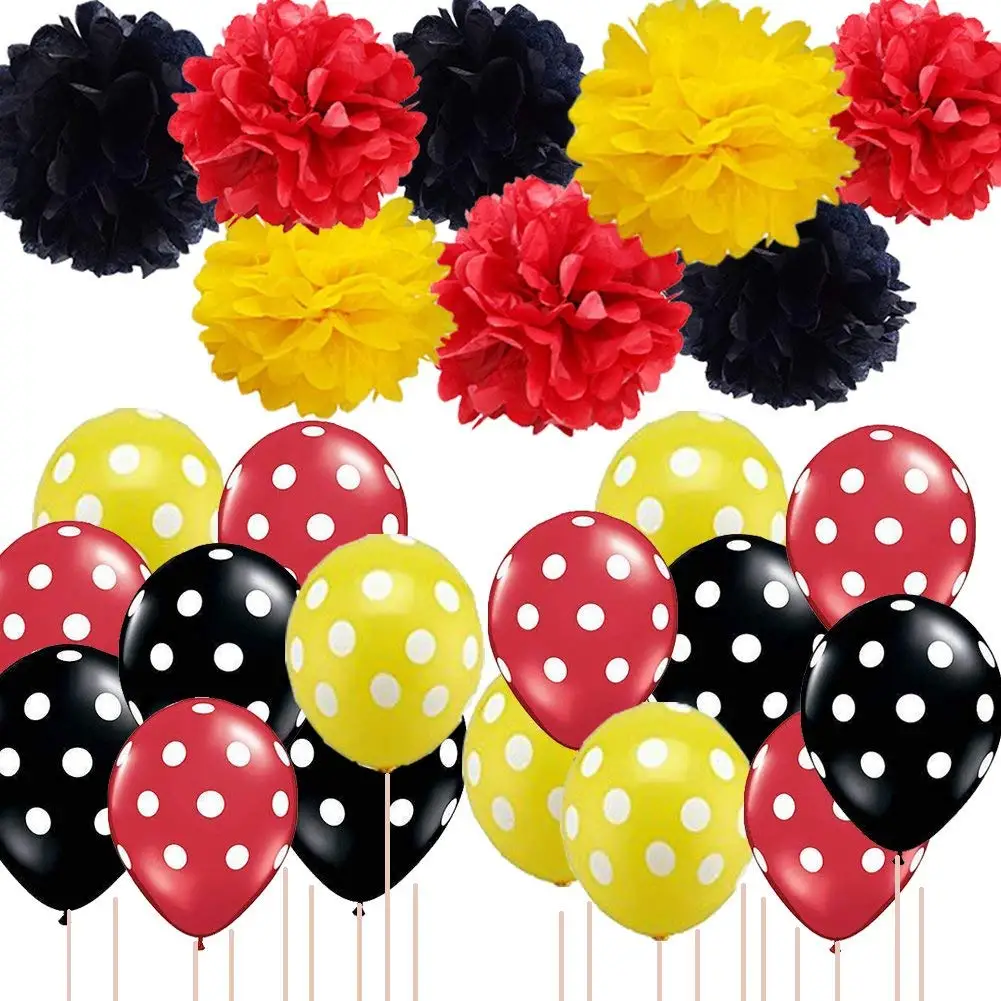 Mickey Mouse Party Supplies Red Black Yellow Tissue Paper Pom Pom Polka Dot Balloons for Ladybug Party Supplies Birthday/Gender Reveal/Baby Shower/Wedding Minnie Mouse Party Supplies