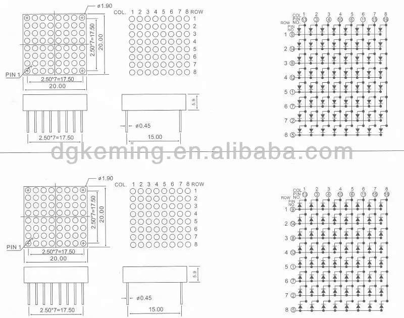 LED dot matrix 20x20mm 8x8 dot amtrix led display red/blue/green/white