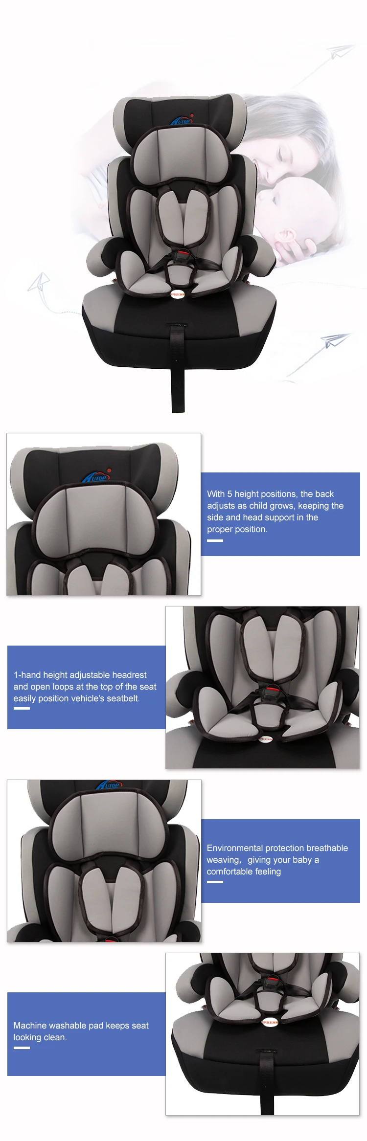 Ece R44/04 Grey Comfortable For15-36Kg 3-12 Years Old Safety Car Seat