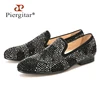 2018New Suede Genuine Leather Men's Flats Men Black Crystal shoes men smoking slippers Prom and party male loafers Size 4-17