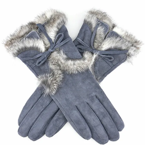 Women pigsplit warm winter leather gloves with rabbit fur