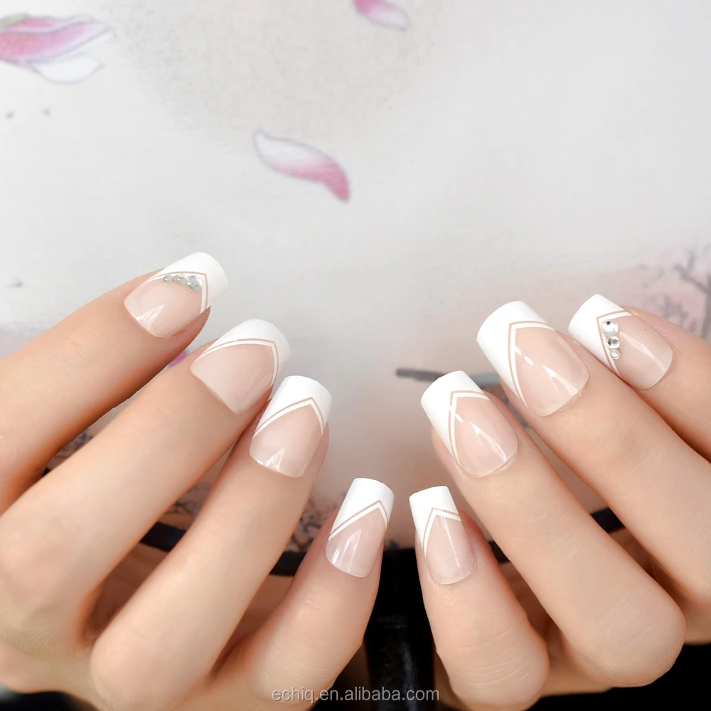 Square French Nails Angle White Line Medium Length Rhinestones Decorated Designer Fake Nails 24pcs Buy Decoration Nail Art Nail Artificial Tips Designed False Nails Product On Alibaba Com