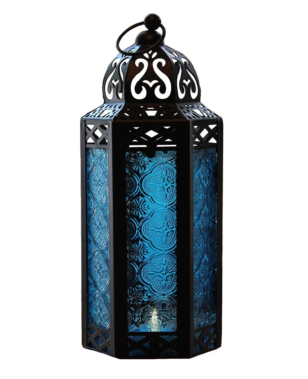 Blue Glass Candle Lantern Moroccan Style Indoors Outdoors Events Parties Decor 
