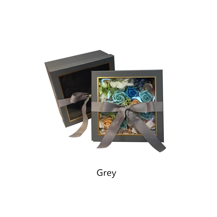 Wholesale Romantic Rose Packing Square Ribbon Flower Boxes With Pvc