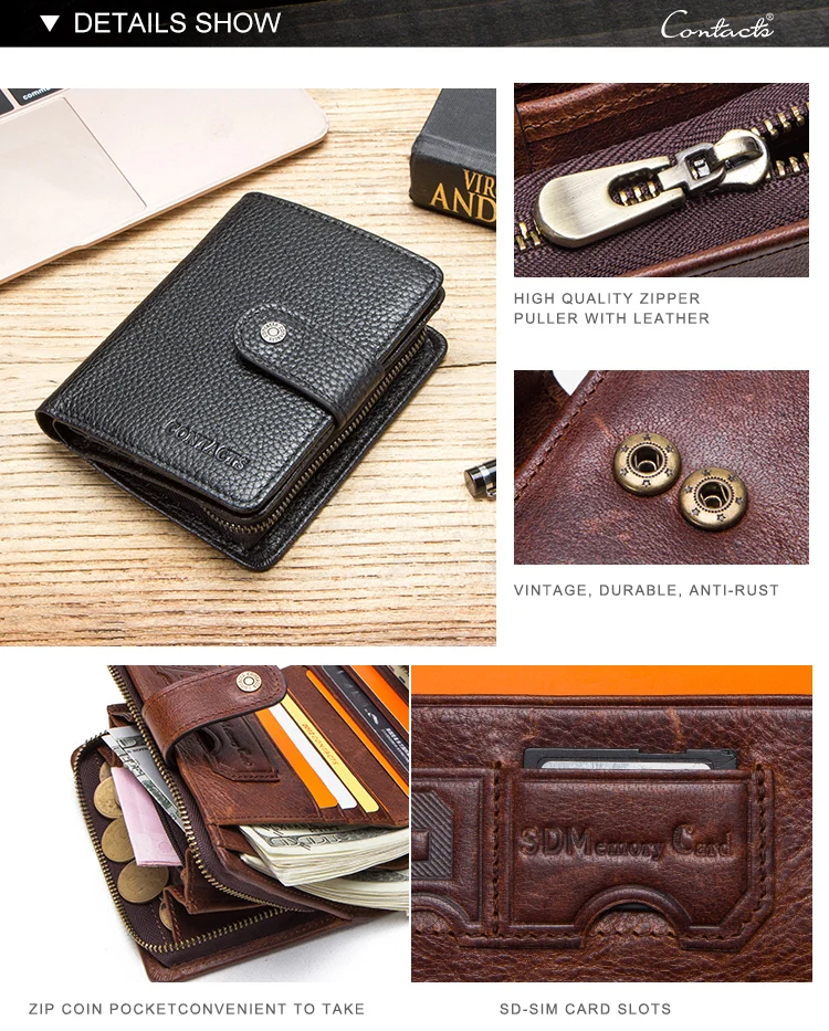 Contact's Genuine Oil Nubuck Leather Wallet for Men RFID Blocking Trifold with Zipper Coin Pocket