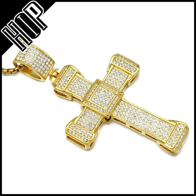 Mens Classic 18k Real Gold Plated Cross Hip Hop Crystal Pendant