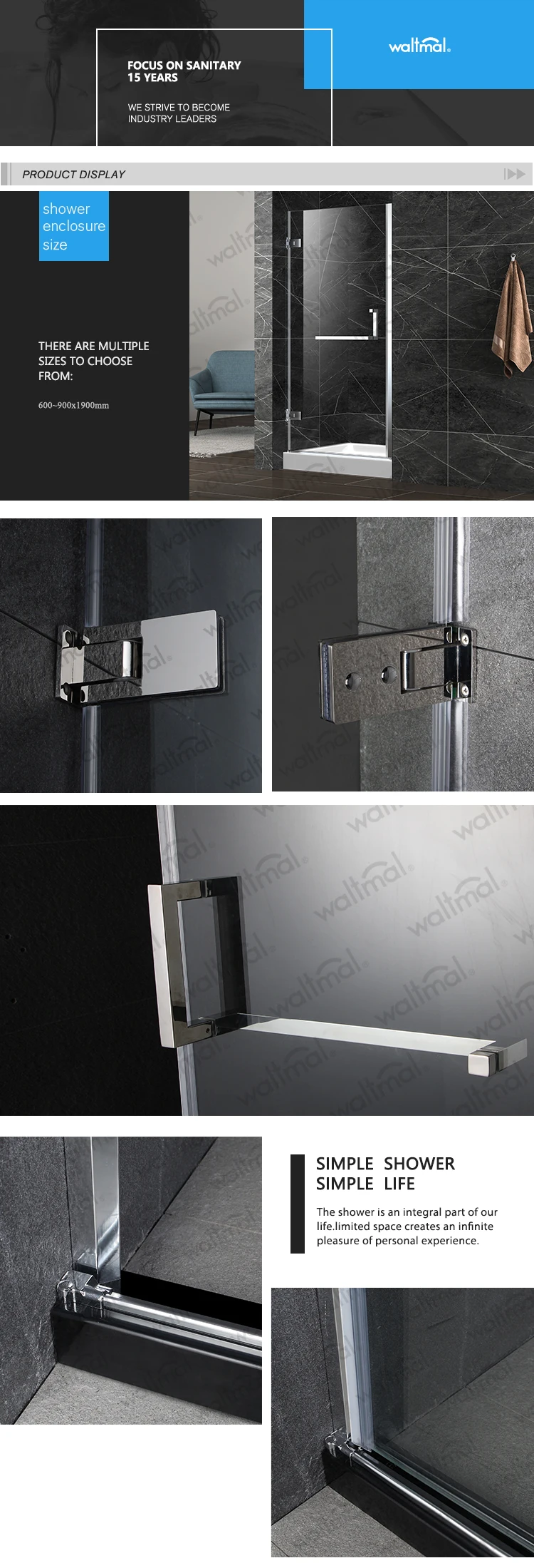 Waltmal Hot Sell Simple Hinge Open Style Frameless Tempered adjustable sliding door With CE ANSI WTM-03261