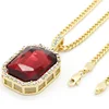 MENS ICED OUT HIP HOP RED RUBY PENDANT CHAIN NECKLACE