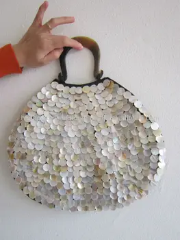 Iridescent Flashily Handbag Sparkling Seashell Bag Top With Harp Iridescent Flashily Handbag Sparkling Seashell Bag Top With Harp Shaped Handles