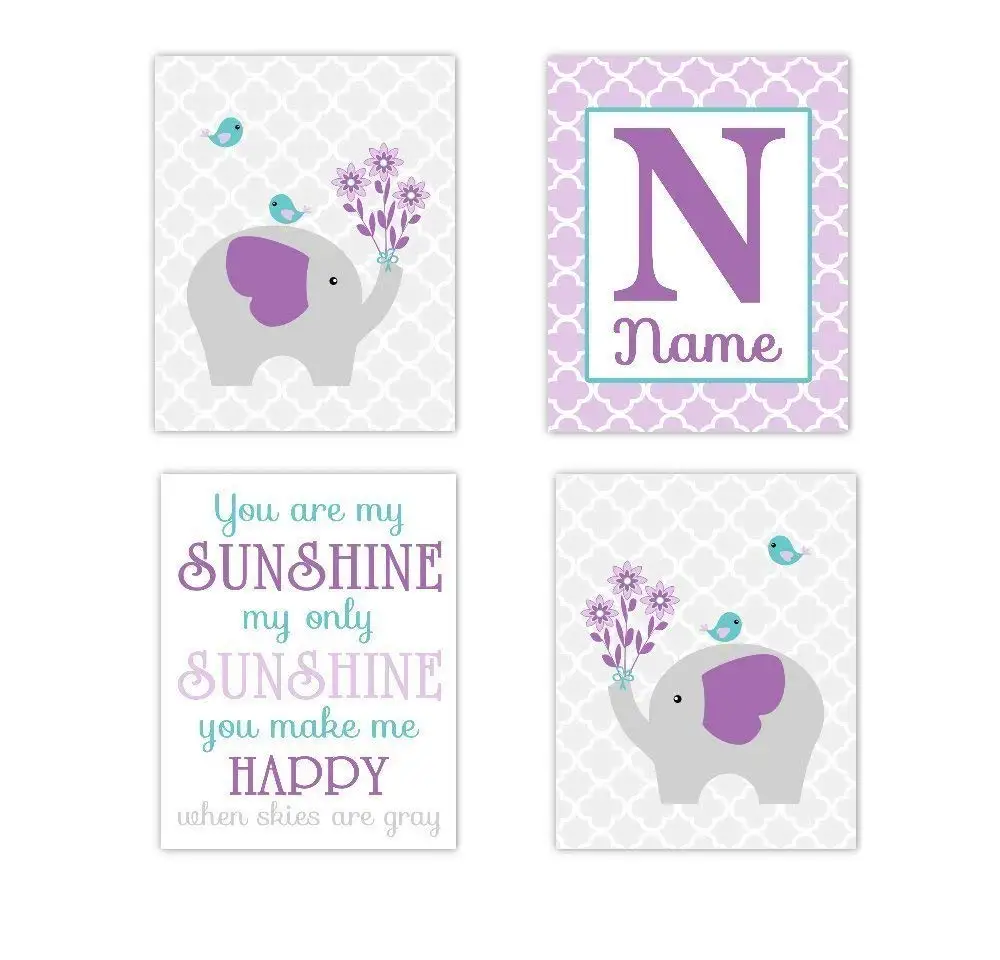 Baby Girl Nursery Wall Art Elephant You Are My Sunshine Purple Lavender Teal Aqua Personalized Name Art Baby Nursery Decor Girl Room Print SET OF 4 UNFRAMED PRINTS