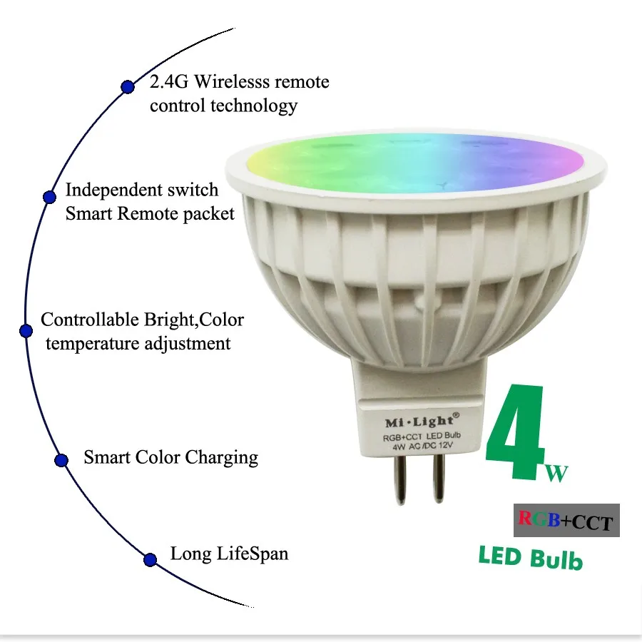 Milight 4W MR16 spot light DC12V 2.4G Wireless Dimmable Led Bulb RGB+CCT Led Spotlight