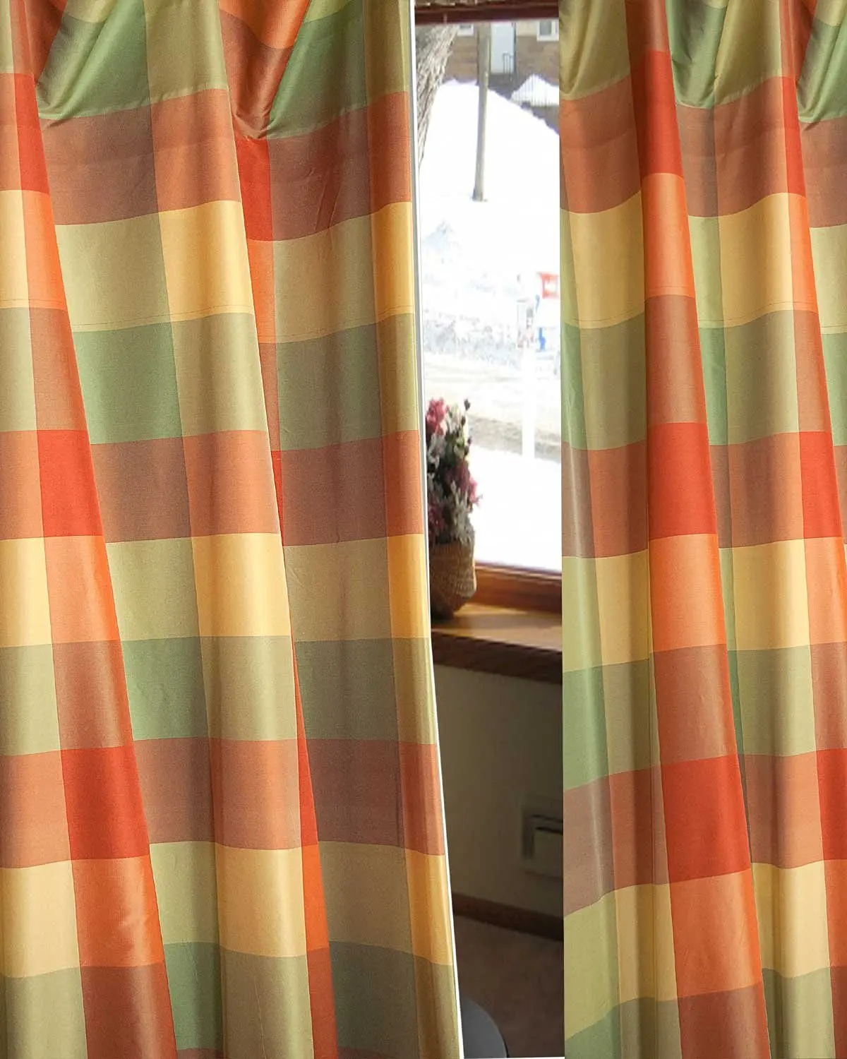Buy Coral Checkered Faux Silk Taffeta Lined Rod Pocketed Window