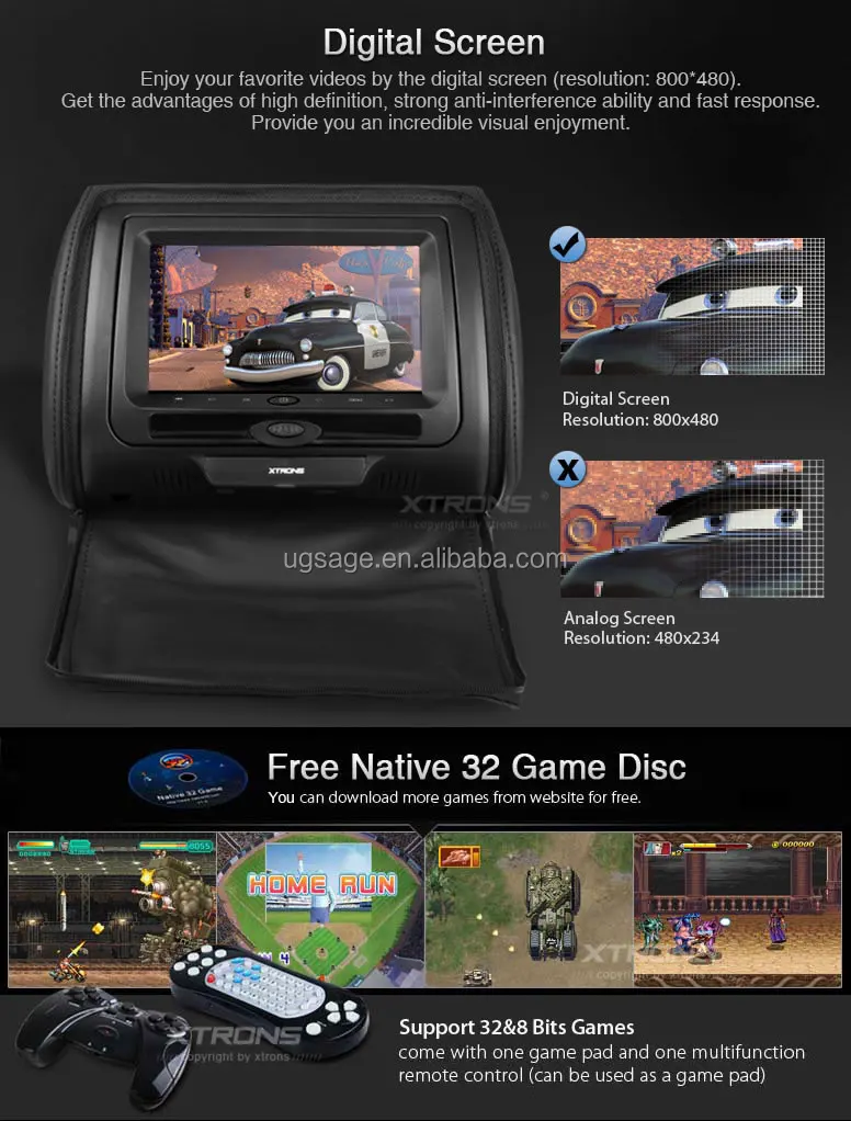 Xtrons Portable Car Headrest Dvd Player Monitor With Zippers/pillow