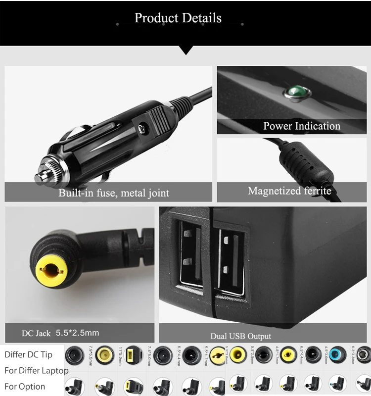Universal 40w 20v 2a Car Charger Dc Laptop Adapter 2 Usb Port Portable