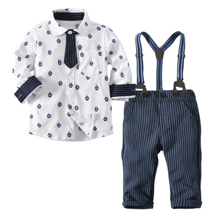 
Kids Gentleman Suspender Suits T-shirt+ Bib Striped Pants Overalls Outfit Children Clothes 2pcs Baby Boy Set With Tie 