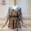 women wear semi-fitted Sexy Gray V neck patch Feather tassel night dress waist tie Playsuit rompers Ladies Short Jumpsuits