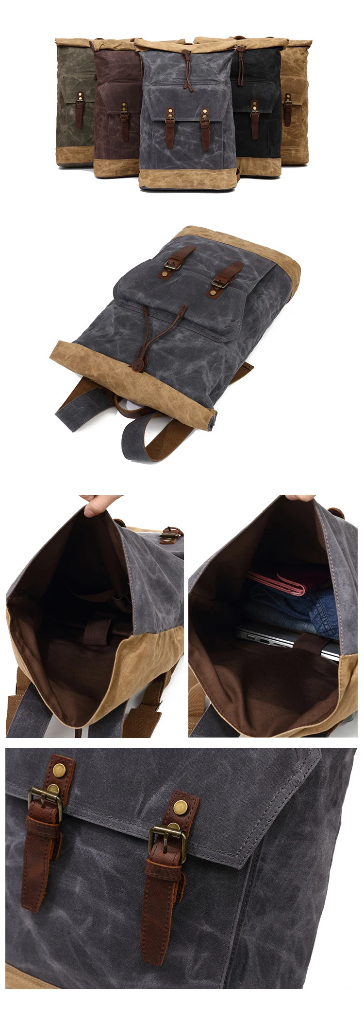 2018 Wholesale vintage new model waxed canvas leather trim water proof camping outdoor hiking rucksack backpack back pack bag