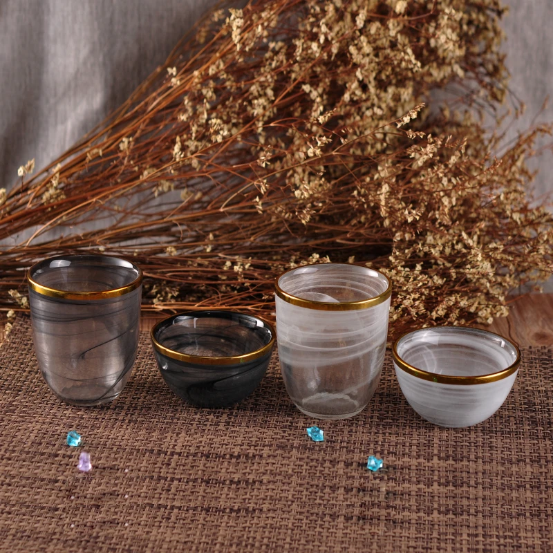 Thin smoke white glass candle jars with gold rim home decoration wholesale