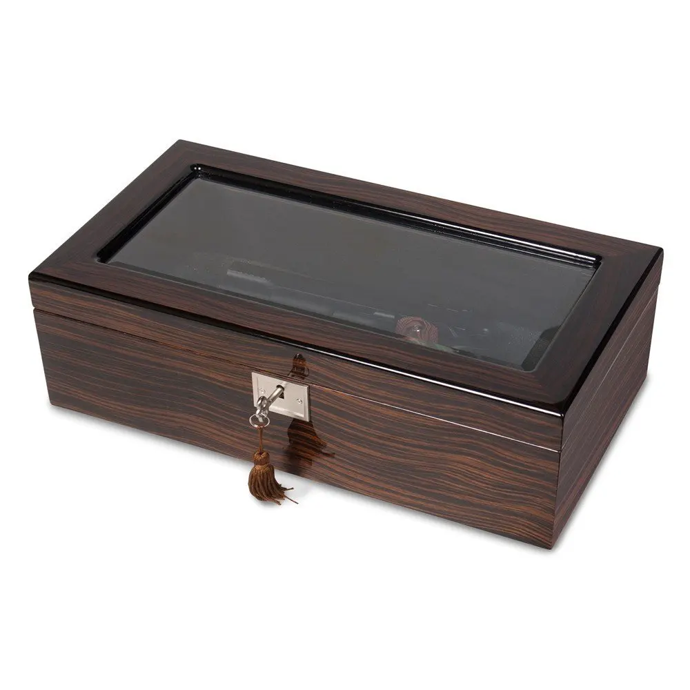 Saris and Things Ebony Wood Veneer High Gloss Finish Glass Window Multi Use Locking Box