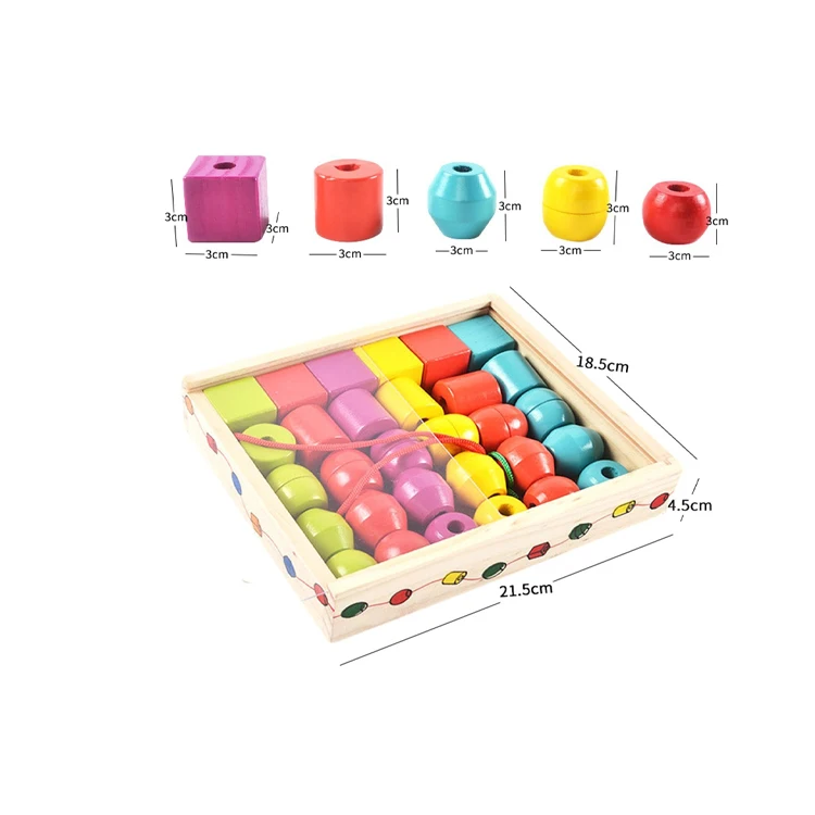 Wooden Jumbo Lacing Beads Shapes Sorter Montessori Educational Toys 30 Pcs with 2 Laces